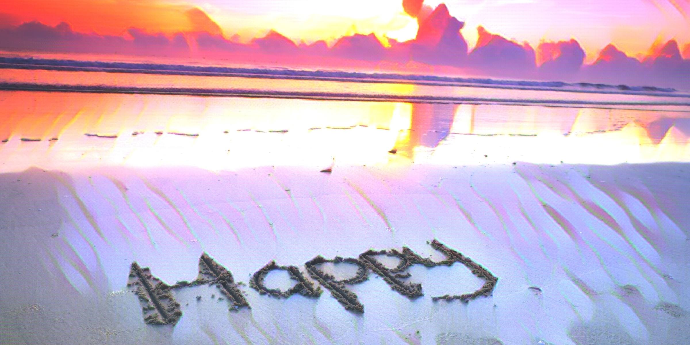砂浜に書かれたHappyの文字